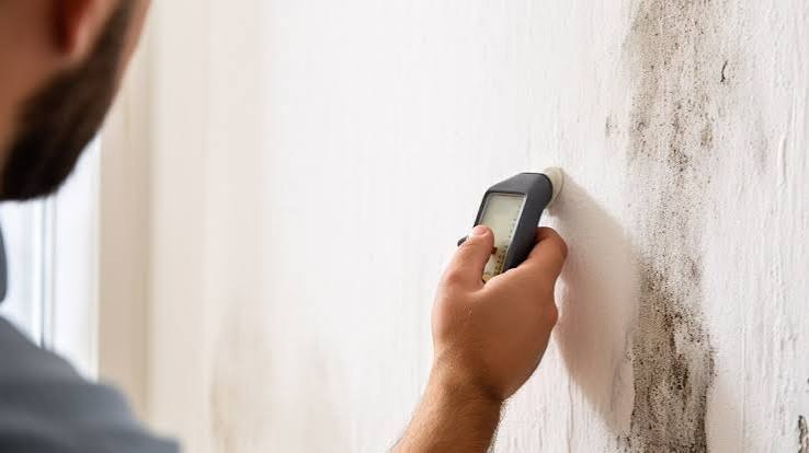 Plumbing specialist using non-destructive digital moisture meter to map hidden wall leak in Broomfield CO